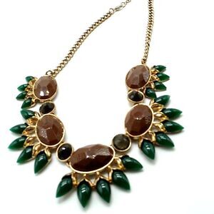 Faceted Brown & Green Resin Blue Crystal Cabochon Stone Statement Necklace